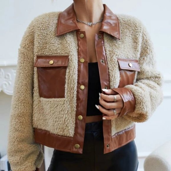 faux fur Teddy Crop Jacket Coat Brown - Picture 5 of 6